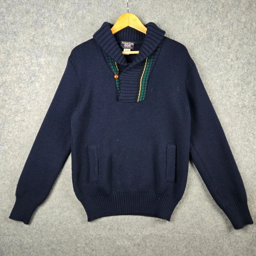 Berman-Bach Shawl Collar Sweater Mens M Navy Blue Wool Plaid Nautical Pullover